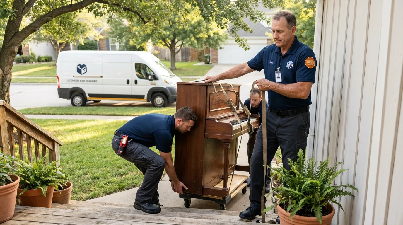 Licensed piano movers securing grand piano in Waxahachie, TX