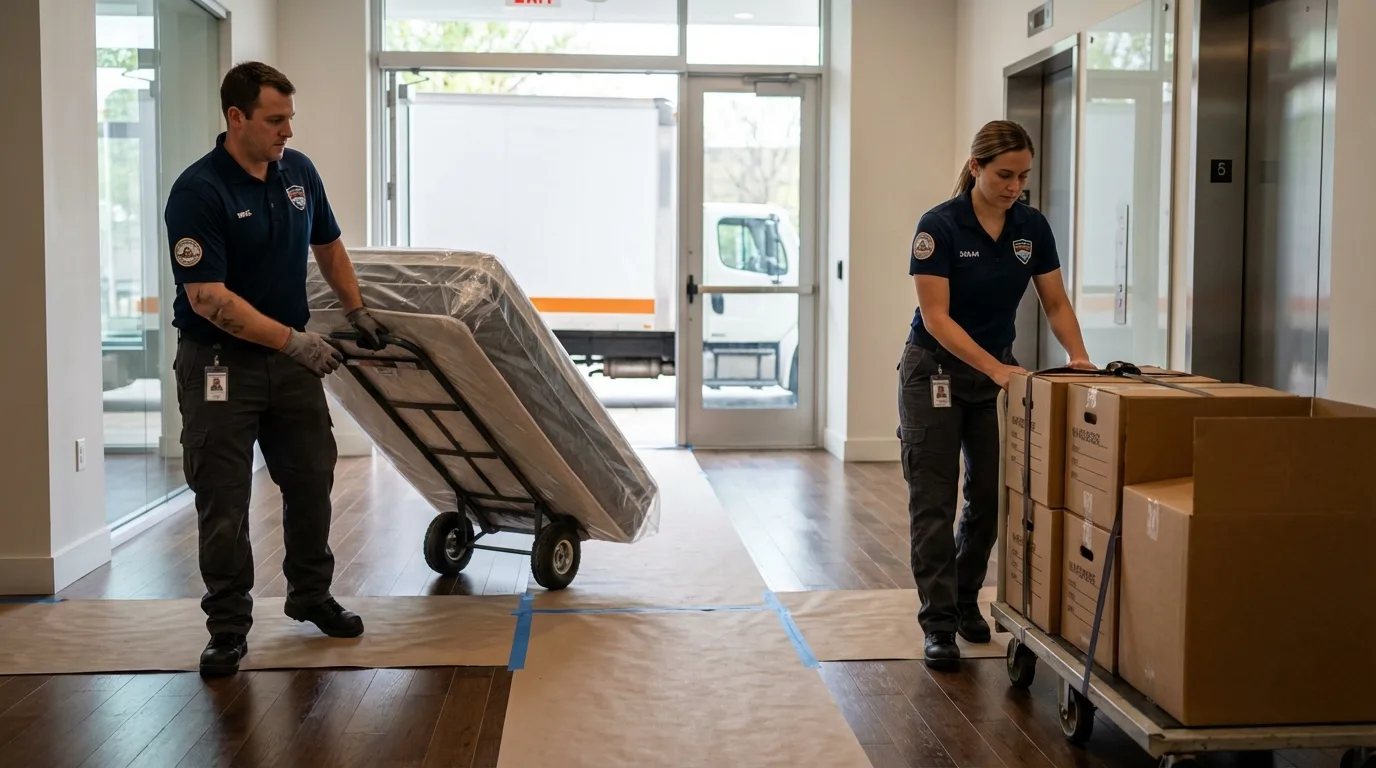 Professional apartment movers loading elevator in Waxahachie, TX